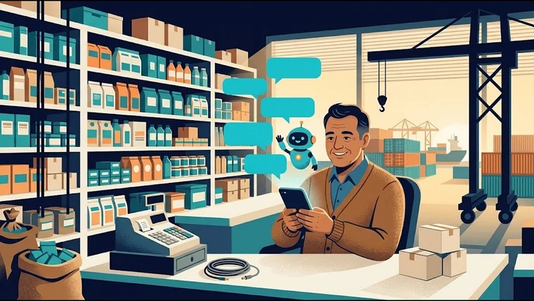 Dueño de una tienda sonríe mirando su celular, mientras un pequeño robot responde mensajes de chat