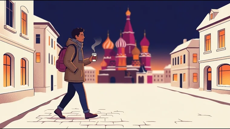 Estudiante con mochila camina por una calle nevada de Moscú con un té en la mano