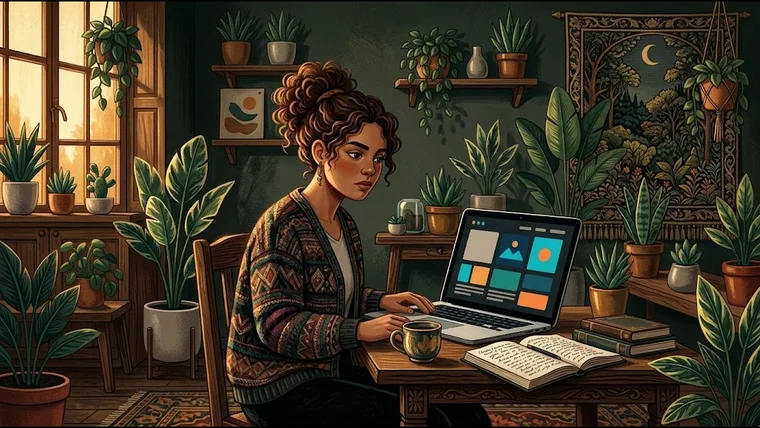 Mujer trabaja en el diseño de una página web en su laptop, en un estudio lleno de plantas