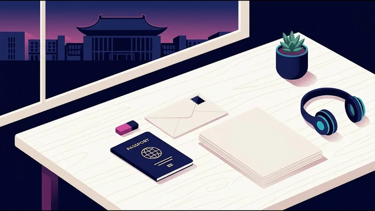 Escritorio con pasaporte, carta, documentos y audífonos frente a una ventana con vista a un campus chino